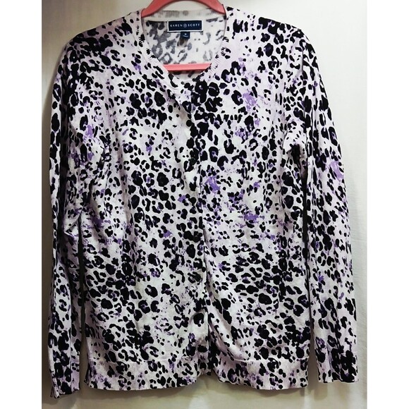 Karen Scott Cardigan Sweater Medium White Black Purple Animal Print Button Note - Picture 1 of 7